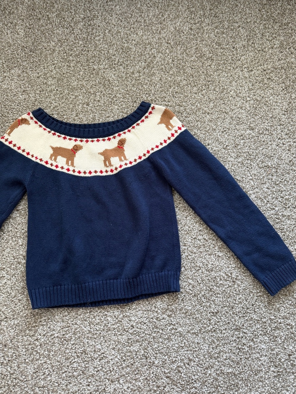 Little English Navy Sweater with Cream Fair Isle and Brown Dog Motif Size 5